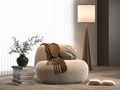 Beige Lounge Chair with Brown Throw Blanket Books Stack and Floor Lamp in Cozy Room 3d model