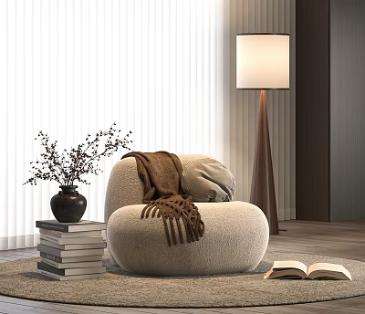Beige Lounge Chair with Brown Throw Blanket Books Stack and Floor Lamp in Cozy Room 3d model