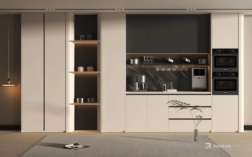 Sleek Modern Kitchen Wine Cabinet With Glass Doors LED Lighting And Wooden Shelves 3d model 