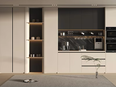 Sleek Modern Kitchen Wine Cabinet With Glass Doors LED Lighting And Wooden Shelves 3d model