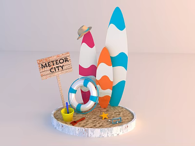 Beach Themed Decorative Ornament Set with Surfboards Lifebuoy Wooden Sign and Beach Tools for Home Decor 3d model