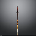 Decorative Sword With Red Hilt And Flame Patterned Blade On Gray Background