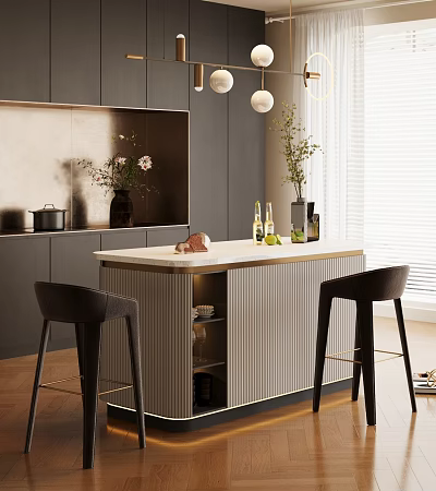 Elegant Modern Dining Table With Marble Top And Stylish Chairs In Kitchen Interior 3d model
