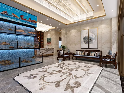 Shopping Mall Store Interior With Large Aquarium Display Marble Walls Patterned Carpet Sofa And Chandelier 3d model