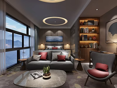 Hotel Guest Room With Comfortable Sofa Red Cushions Mountain View TV And Bookshelf 3d model