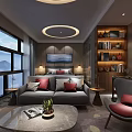 Hotel Guest Room With Comfortable Sofa Red Cushions Mountain View TV And Bookshelf