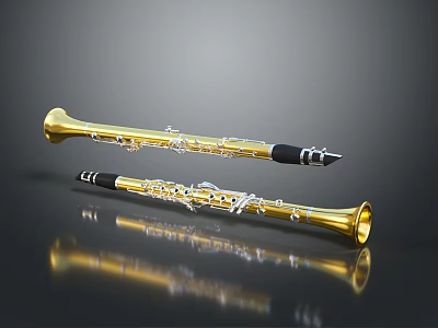 Golden Oboe Musical Instruments With Black Mouthpiece And Shiny Surface Reflection 3d model