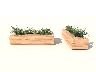 Decorative Rectangular Garden Wooden Planter Boxes With Lush Green Plants 3d model