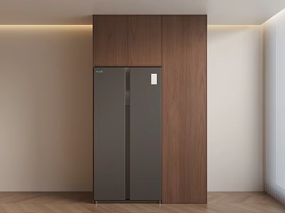 Bright Modern Kitchen Interior With Dark Gray Double Door Refrigerator And Wooden Cabinet 3d model