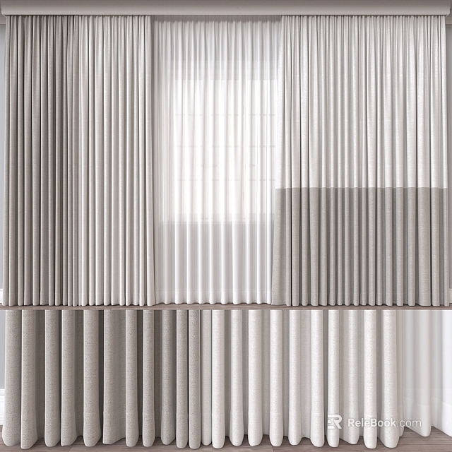 Light Gray White Layered Curtains With Textured Pleated Design For Window Treatment 3d model 