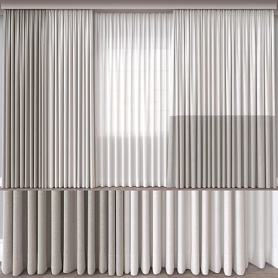 Light Gray White Layered Curtains With Textured Pleated Design For Window Treatment 3d model