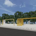 Yellow Modern Canopy with Columns Surrounded by Green Trees and Paved Ground