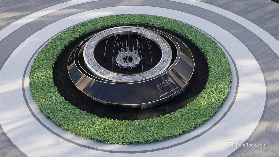 Circular Water Fountain With Multi Tiered Design Surrounded By Green Foliage In Outdoor Plaza 3d model 