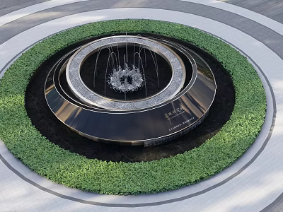 Circular Water Fountain With Multi Tiered Design Surrounded By Green Foliage In Outdoor Plaza 3d model