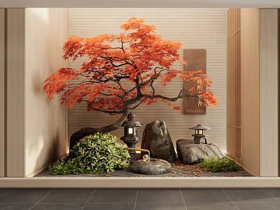 Serene Japanese Style Indoor Landscape With Red Maple Tree Stone Lanterns Rocks And Green Plants 3d model