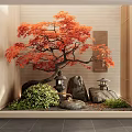 Serene Japanese Style Indoor Landscape With Red Maple Tree Stone Lanterns Rocks And Green Plants