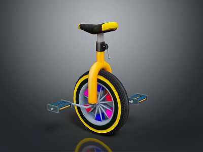 Bright Yellow Unicycle With Black Seat Colorful Spokes And Metal Foot Pedals 3d model