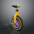 Bright Yellow Unicycle With Black Seat Colorful Spokes And Metal Foot Pedals