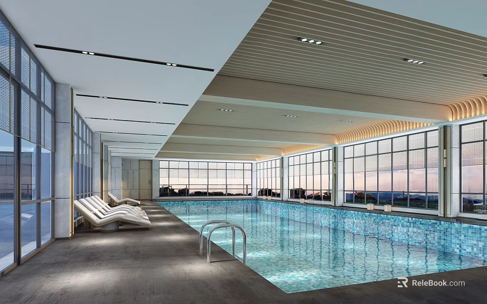 Modern Indoor Swimming Pool Design With Large Windows Wooden Ceiling And Lounge Chairs 3d model 