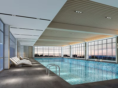 Modern Indoor Swimming Pool Design With Large Windows Wooden Ceiling And Lounge Chairs 3d model