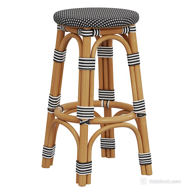 Modern Rattan Bar Stool With Black White Striped Wicker Straps And Natural Wooden Frame Design 3d model 