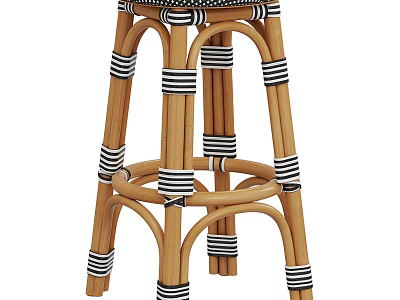 Modern Rattan Bar Stool With Black White Striped Wicker Straps And Natural Wooden Frame Design 3d model