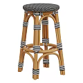 Modern Rattan Bar Stool With Black White Striped Wicker Straps And Natural Wooden Frame Design