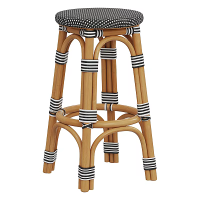 Modern Rattan Bar Stool With Black White Striped Wicker Straps And Natural Wooden Frame Design 3d model