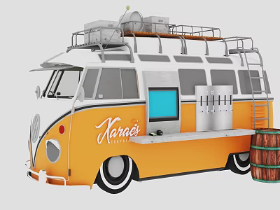 Karas Kitchen Orange And White Food Truck With Roof Rack Window Metal And Wooden Barrels 3d model