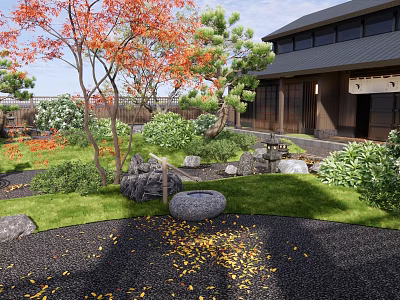 Japanese Courtyard Garden With Red Maple Trees Stones Green Lawn And Wooden House 3d model