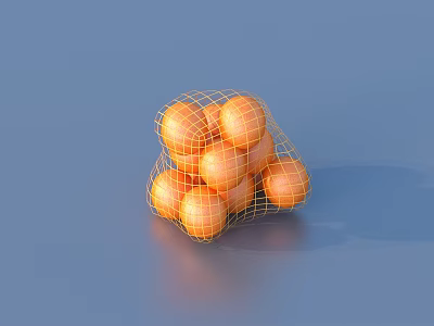 Ripe Fresh Oranges Packed in a Mesh Bag Displayed on Blue Background 3d model
