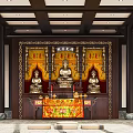 Buddhist Temple Worship Space With Three Buddha Statues Altar Table And Round Meditation Cushions