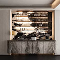 Elegant Modern Marble Sideboard with Open Display Shelves Holding Cups and Dinnerware 3d model