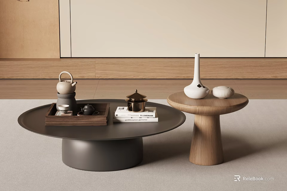 Modern Round Coffee Table With Wooden Side Table Tea Sets Books And White Vase 3d model 