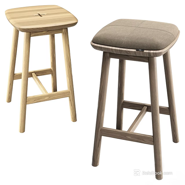 Wooden Bar Stools with Light and Dark Tones Simple Design and Upholstered Seat 3d model 