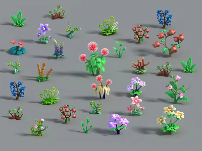 Cartoon Scene Featuring Colorful Plants And Flowers With Various Shapes And Vibrant Colors 3d model