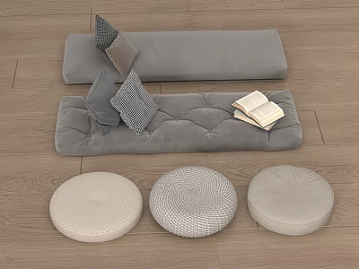 Cozy Gray Floor Seating With Throw Pillows Open Book And Round Cushions On Wooden Floor 3d model