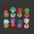 Colorful Cartoon Character Figurines With Various Hair Colors On Red And Yellow Bases