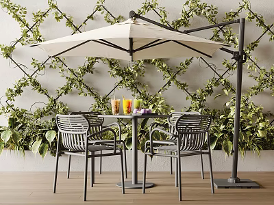 Outdoor Wicker Table and Chairs with Cantilever Umbrella Against Green Plant Wall for Garden Patio 3d model