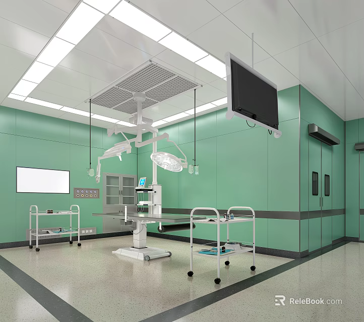 Modern Operating Room Interior With Green Walls Surgical Lights And Medical Equipment 3d model 