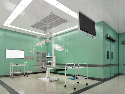 Modern Operating Room Interior With Green Walls Surgical Lights And Medical Equipment 3d model