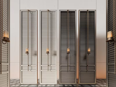 Modern Interior Room Divider With Slatted Design Metal Frame And Wall Sconces 3d model