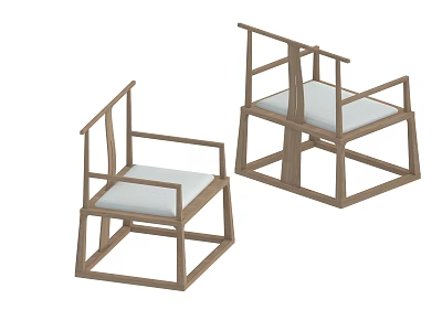 Two Traditional Chinese Wooden Chairs with Armrests and Light Cushioned Seats 3d model