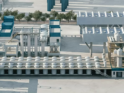 Industrial Factory Exterior With White Cylindrical Tanks Cooling Towers And Blue Roof Structures 3d model