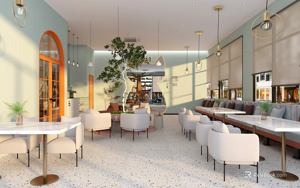 Modern Mall Store Interior With White Chairs And Greenery 3d model 
