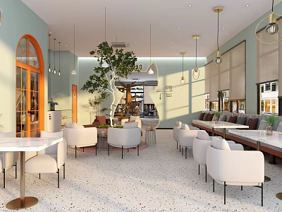 Modern Mall Store Interior With White Chairs And Greenery 3d model