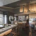 Modern Restaurant Interior With Open Bar Counter Wooden Hanging Lights Chef And Seating Area