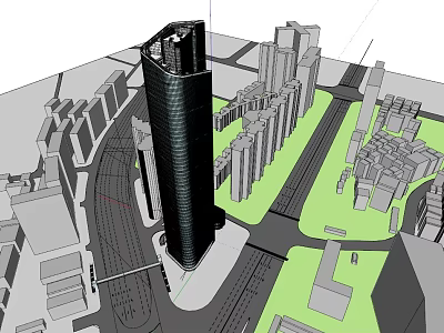 Black High Rise Building in Modern Urban Cityscape With Surrounding Structures And Green Areas 3d model