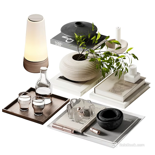 Elegant Decorative Ornament Set With Table Lamp Green Plant Textured Vase Books Trays And Glassware 3d model 