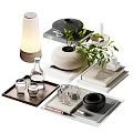 Elegant Decorative Ornament Set With Table Lamp Green Plant Textured Vase Books Trays And Glassware